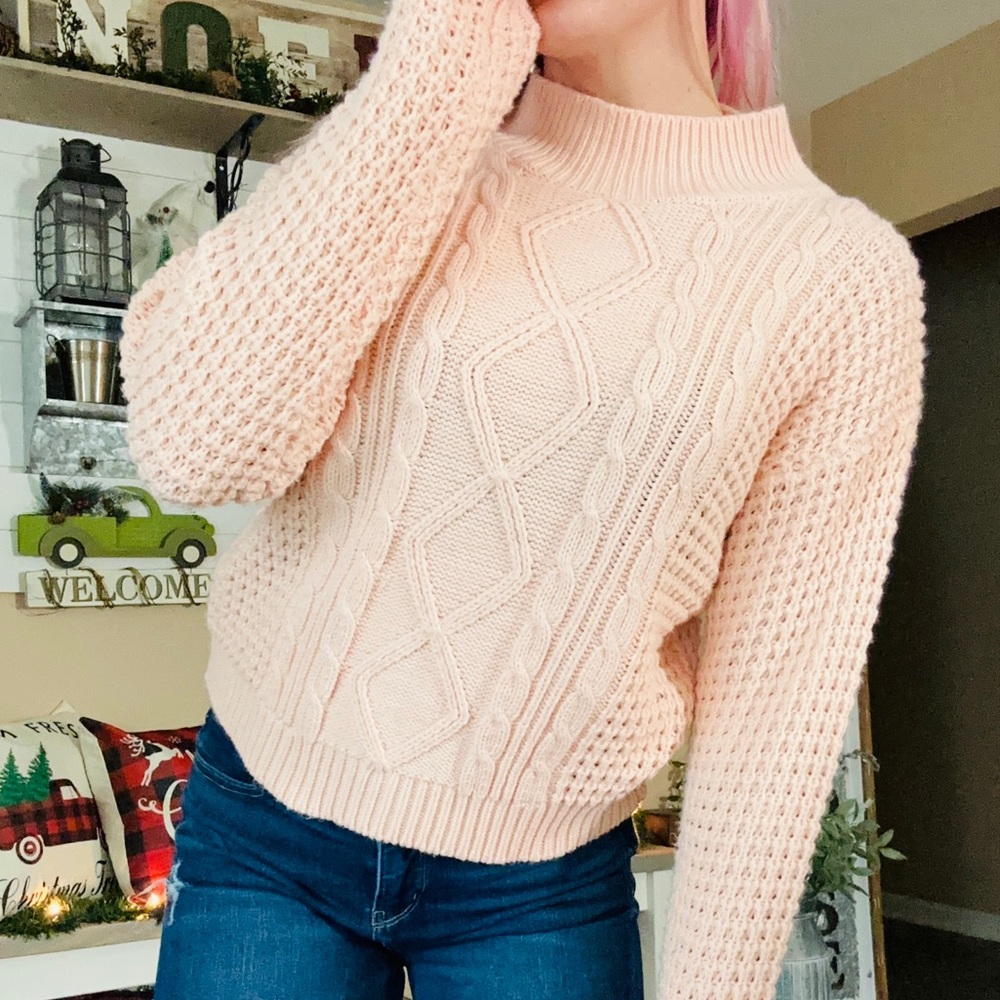 Vintage chunky knit semi cropped peach mockneck sweater - Picture 1 of 7